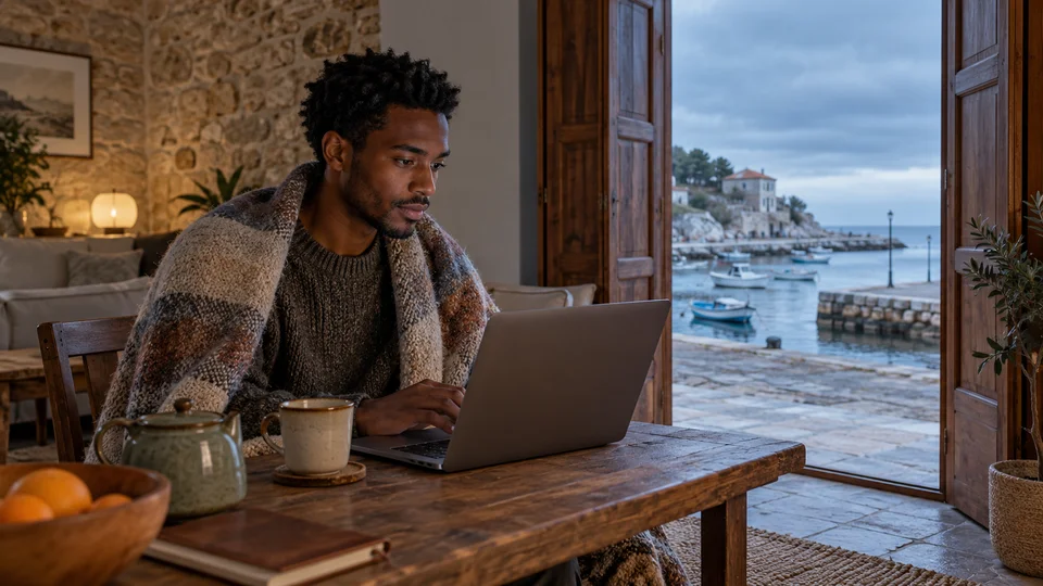 Digitale nomade die op een laptop werkt in een Kroatisch kusthuis met uitzicht op de Adriatische Zee en boten.