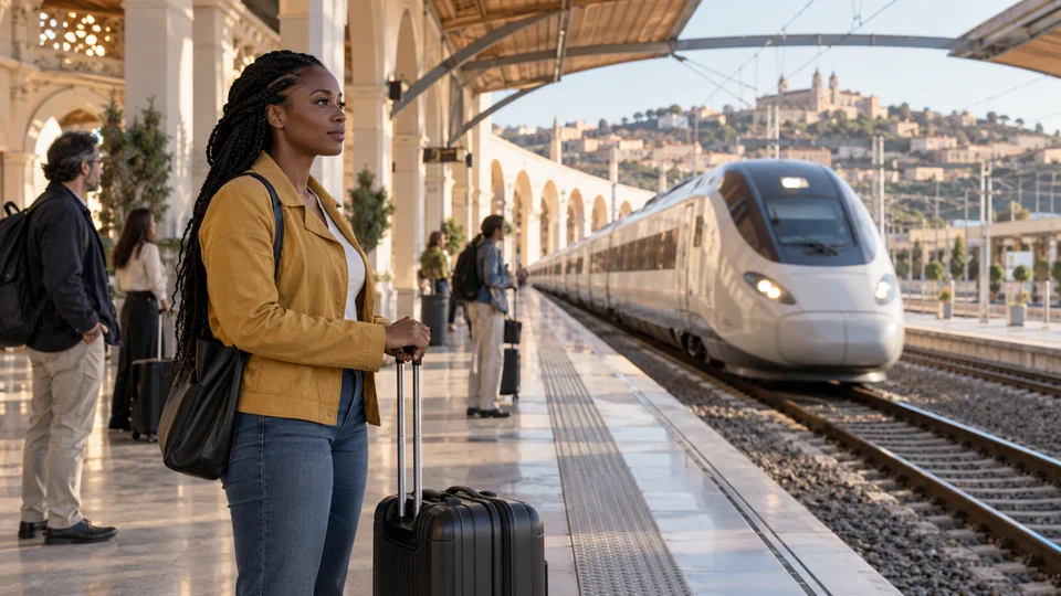 Traveler with a suitcase on the platform as a high-speed train arrives at a Spanish station with an urban skyline.