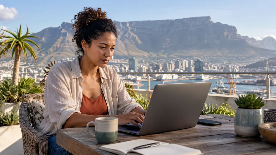 A woman working on her laptop on a sunny terrace overlooking Cape Town and Table Mountain.
