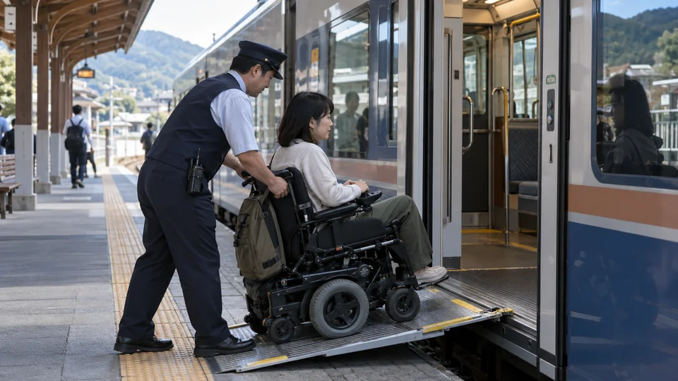 SNCF agent helping a passenger in a wheelchair board a train at the station