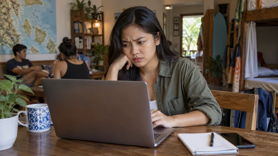 Woman with a worried expression looking at her laptop screen at a home office desk.