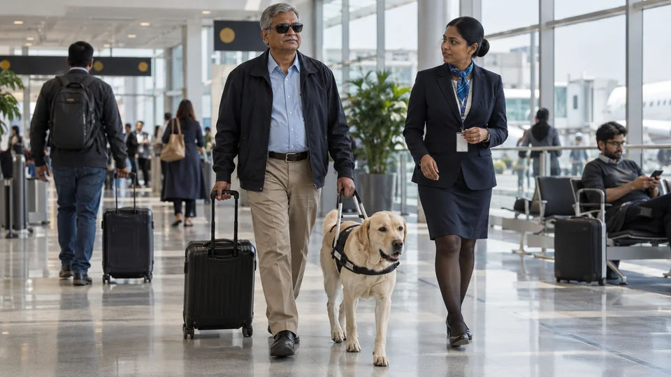 Couple with a dog on a leash and suitcases walking through a modern airport terminal.