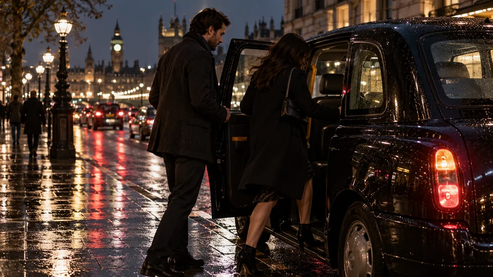 Street scene in London with Big Ben lit up at night, two professionals getting into a black taxi on the wet pavement.
