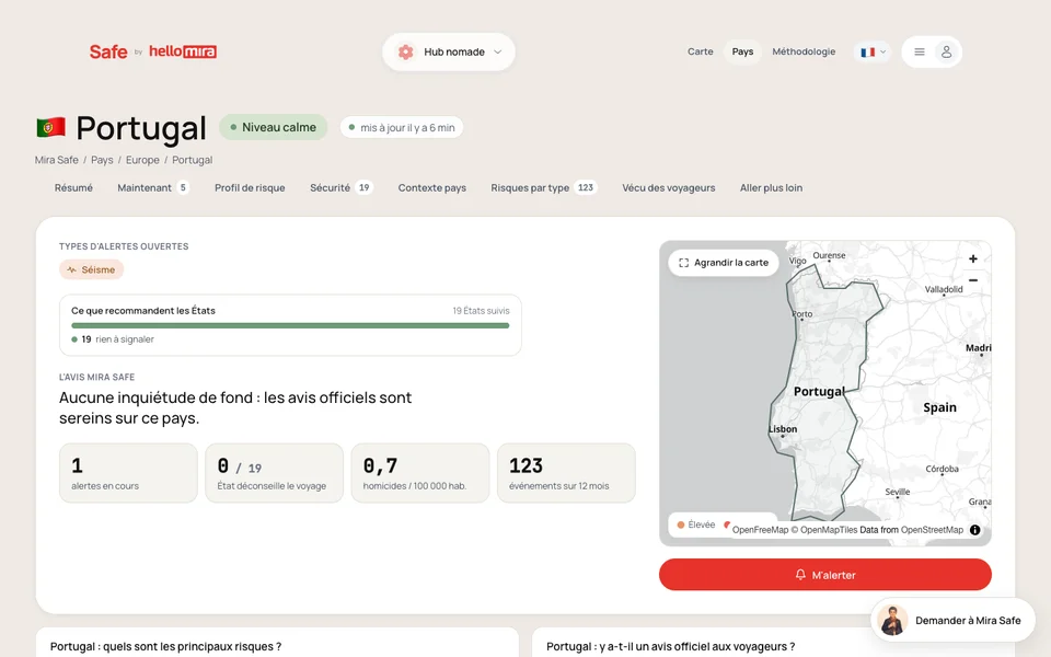 Scheda paese Mira Safe del Portogallo: livello tranquillo, avvisi dei governi, allarmi in corso e mappa, con il pulsante «M’alerter»
