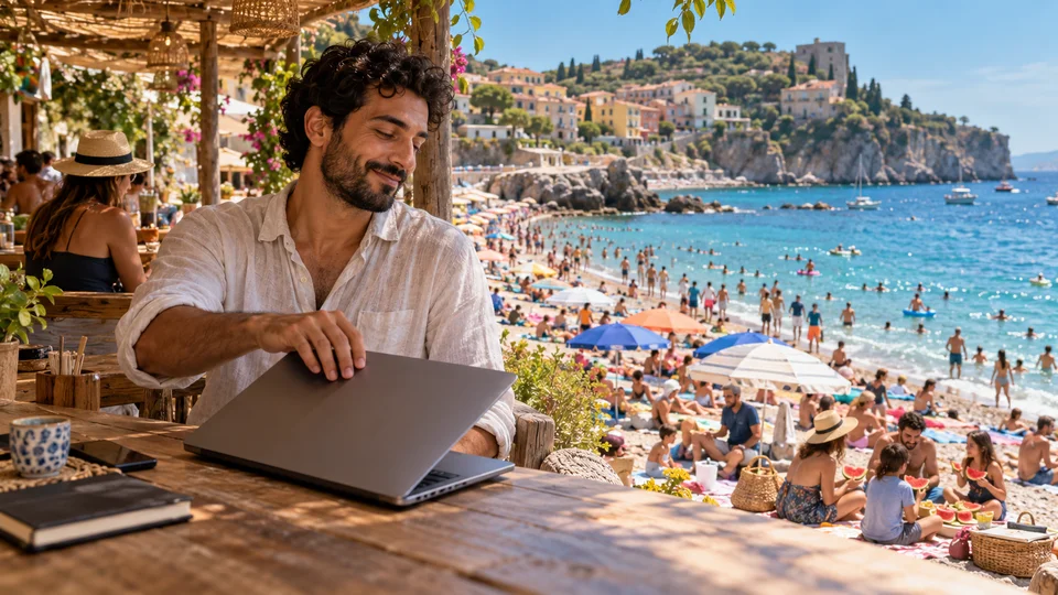 Nomade numérique travaillant sur un ordinateur portable dans un café en bord de mer avec la Méditerranée et une plage bondée en arrière-plan.