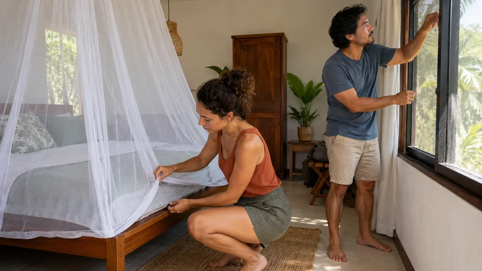 Stel die een класnetje installeert rond het bed in een tropische slaapkamer om malaria te voorkomen.