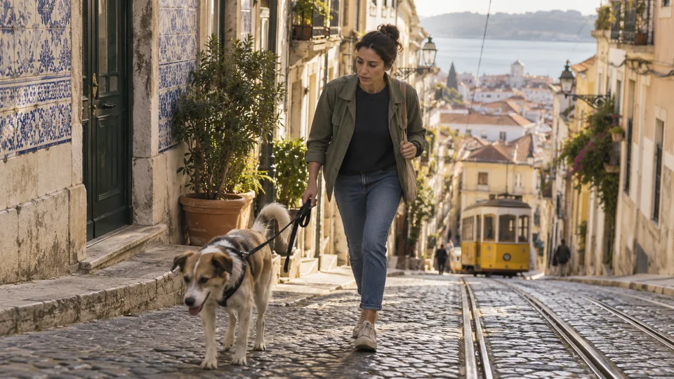 Femme avec chien dans une rue escarpée de Lisbonne, tram jaune et toits en arrière-plan, centre historique.