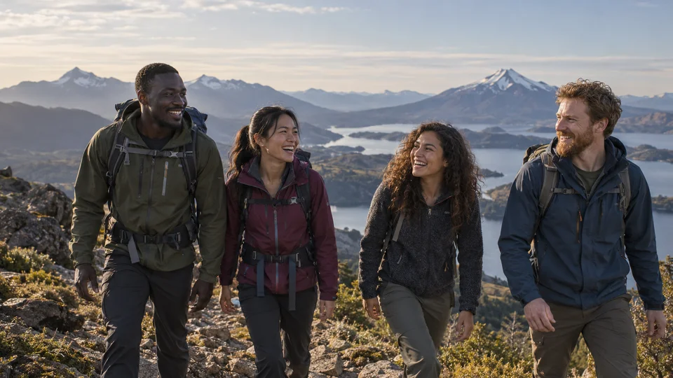 Hikers on a mountain trail with snow-capped Ecuadorian volcanoes and lakes in the background.