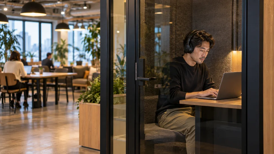 Nomade numérique travaillant sur un ordinateur portable dans un espace de coworking lumineux et moderne.