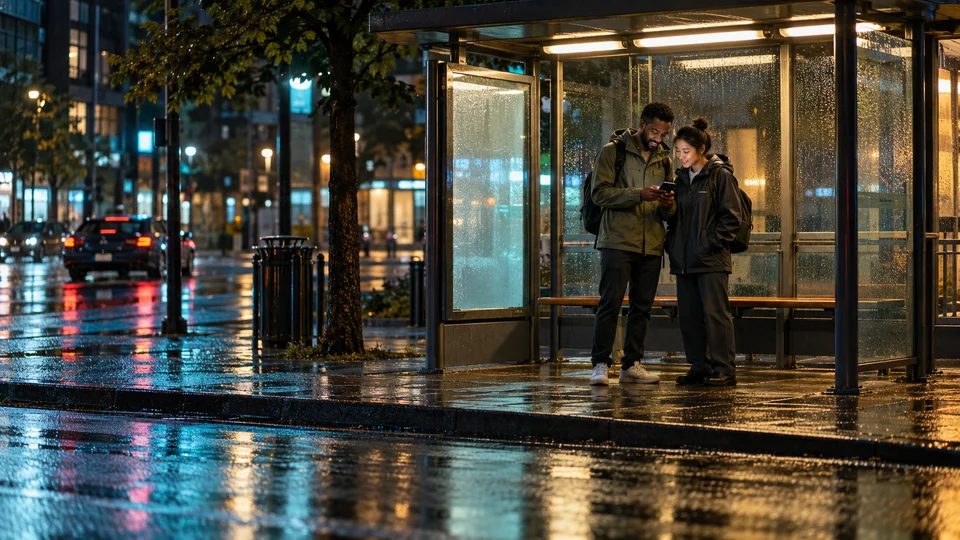 Straße in Tokio bei Nacht im Regen, mit leuchtenden Leuchtreklamen, die sich auf dem nassen Pflaster spiegeln, und Passanten, die sich unter Dächern unterstellen.