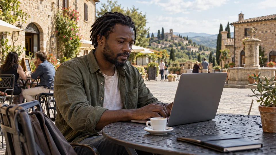 Man working on a laptop at an Italian café table with an espresso cup and a Tuscan landscape in the background.