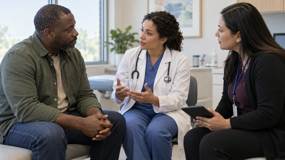 Doctor in consultation with a patient and an interpreter in a medical office, conversation bridging language barriers.