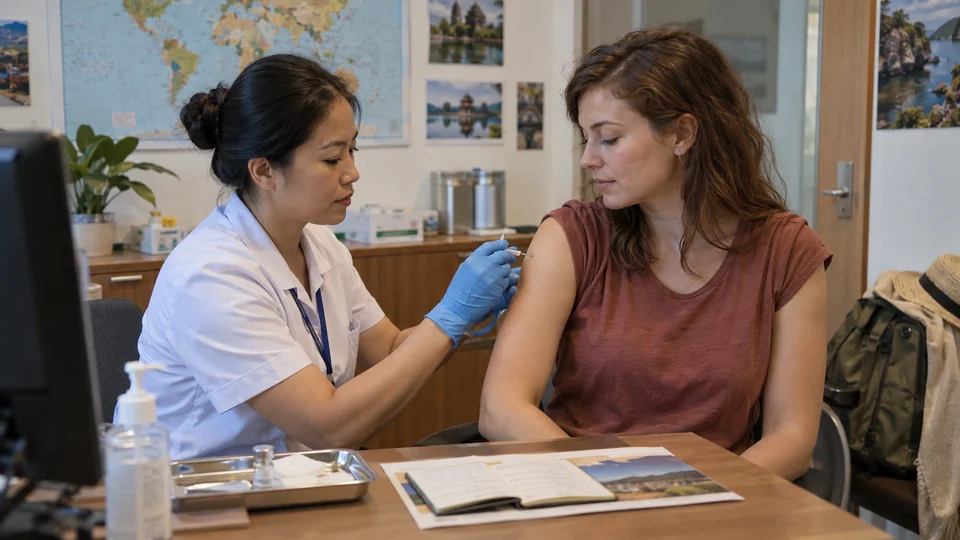 Professionnel de santé administrant une injection de vaccin à un patient dans une clinique avec photos de voyage au mur.