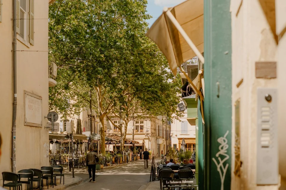 Busy European street with a café terrace, trees and pedestrians during the day