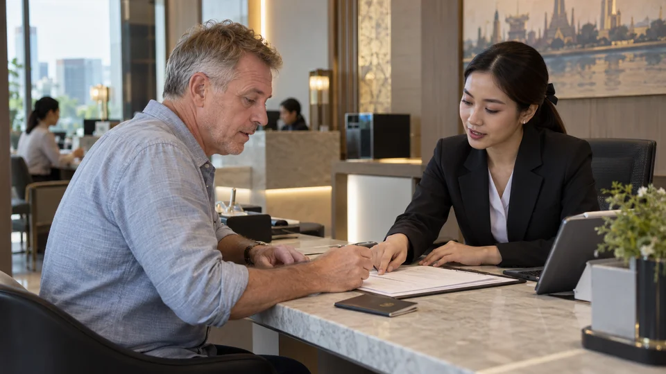 Man and woman discussing bank paperwork at a desk in Bangkok, with a view over the rooftops.