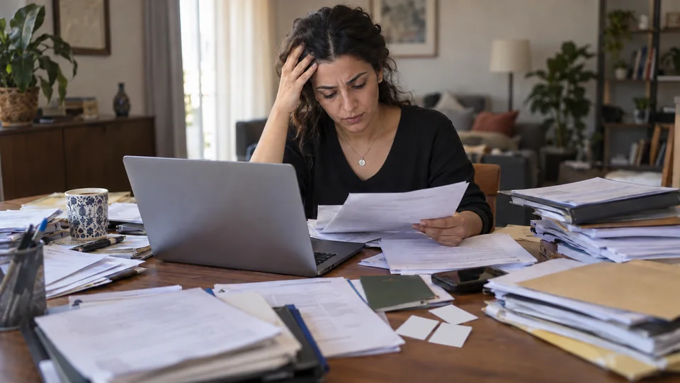 Woman reviewing visa application documents and paperwork at her desk with a laptop