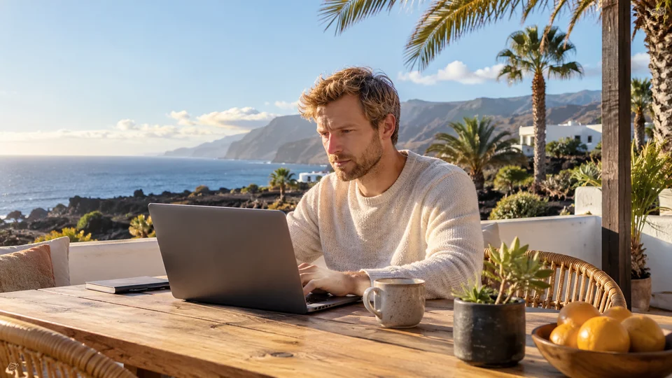 Digital nomad working on a laptop at a sunny terrace table overlooking the Mediterranean Sea and the mountains, Spain.