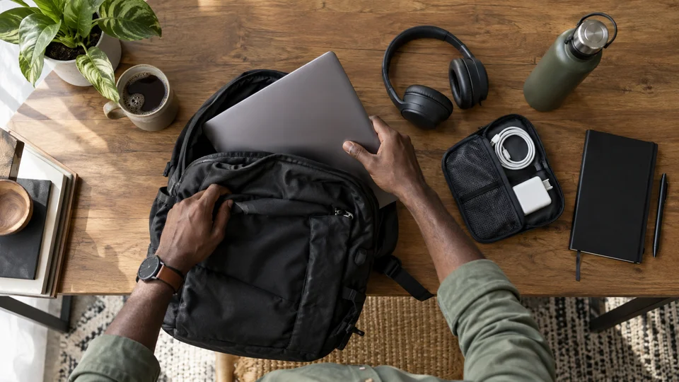 Digital nomad packing a backpack with a laptop and travel gear