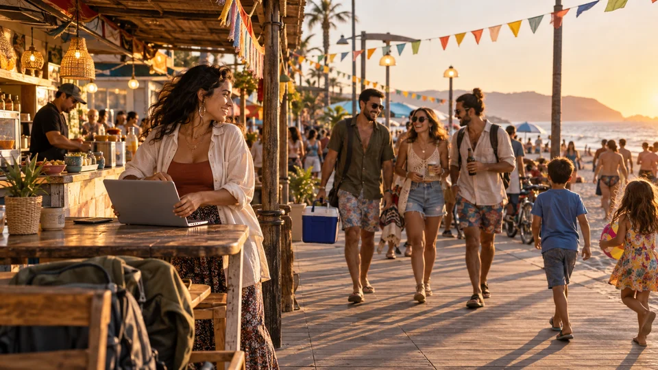 Femme travaillant sur un ordinateur portable dans un café en bord de mer en Grèce avec coucher de soleil