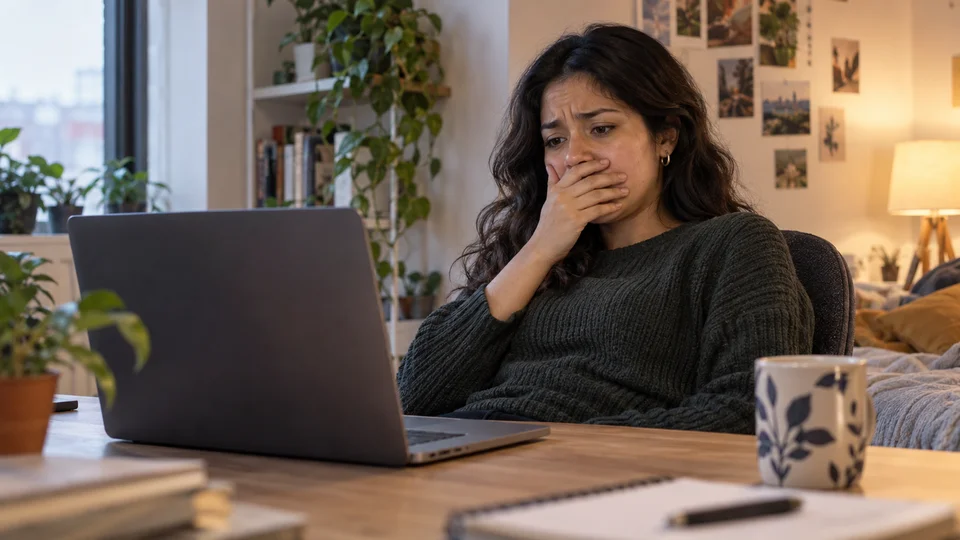 Woman at her home office with a laptop, looking worried or thoughtful about a career decision.