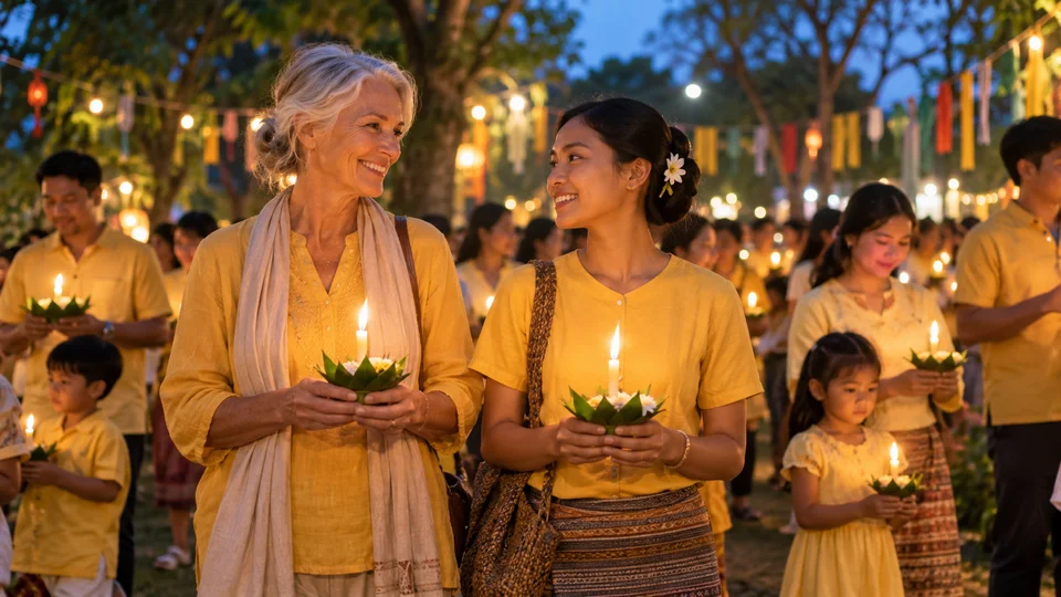 Participants in a Balinese ceremony wearing traditional yellow attire and holding illuminated lotus lanterns at night.