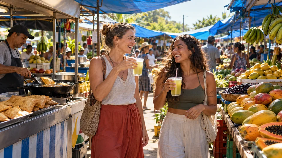 Women shopping at a busy outdoor market with fresh produce stalls and blue awnings.