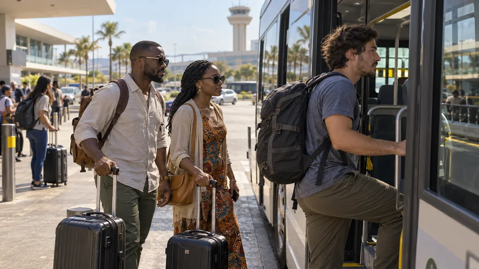Travelers with suitcases and backpacks at the airport, departure area with the terminal building visible.