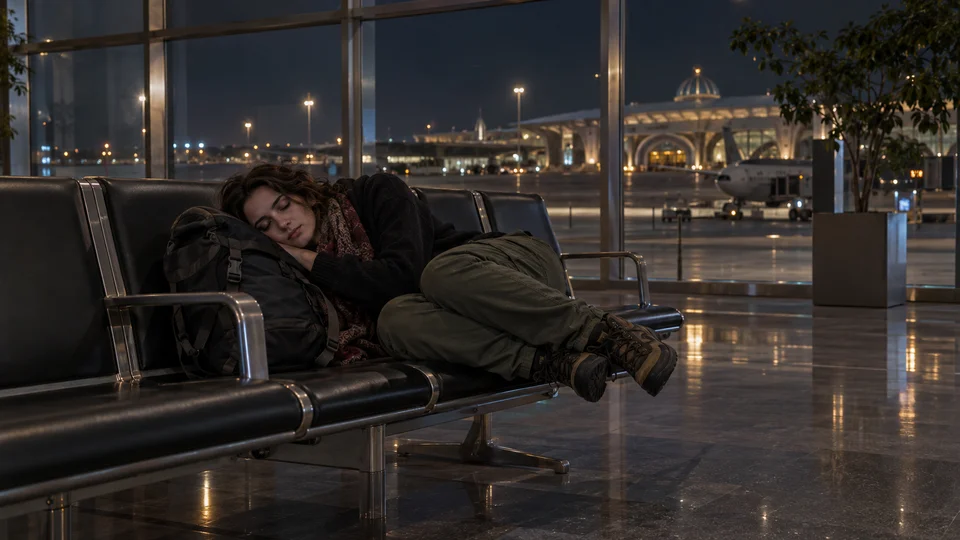 Traveler resting on airport terminal seats with luggage, night view of the airport through the windows.