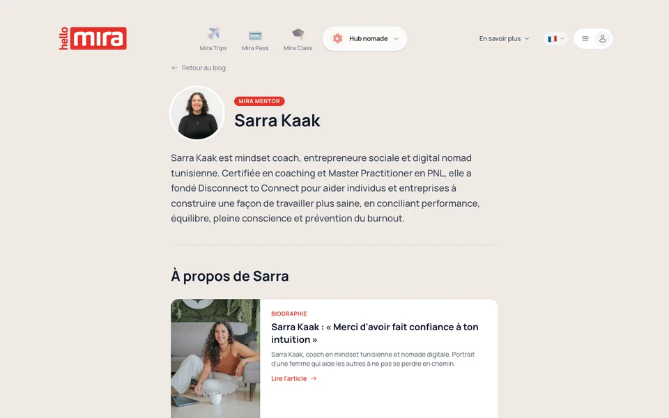 Pagina personale sul blog di Hello Mira dedicata alla mentor Sarra Kaak, con il suo badge Mira Mentor, la presentazione e la biografia
