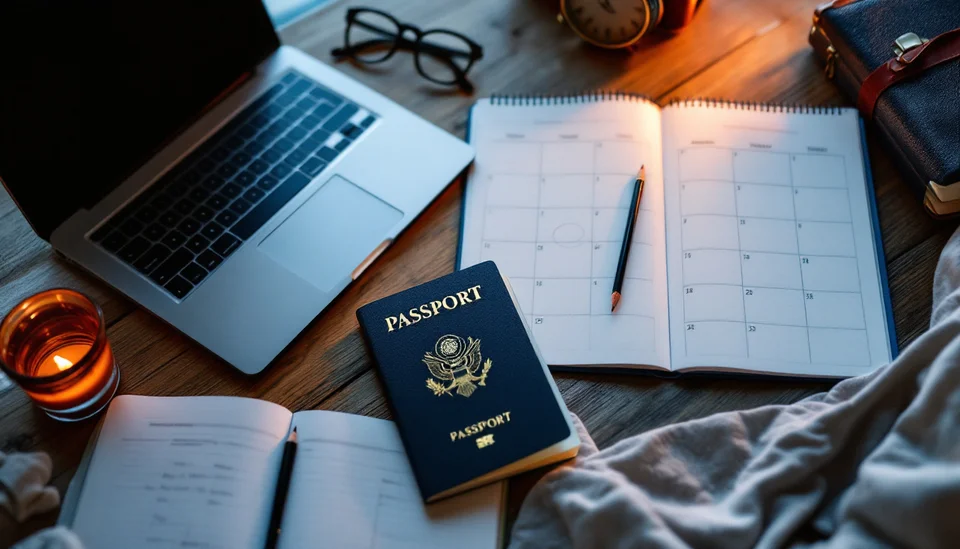 Overhead view of a digital nomad workspace: laptop, U.S. passport, calendar, pen, and travel accessories on a wooden desk.
