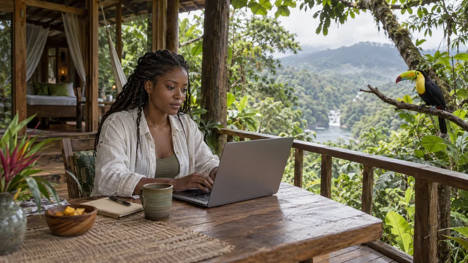 Woman working on a laptop at a table overlooking a tropical valley in Costa Rica, with a toucan.