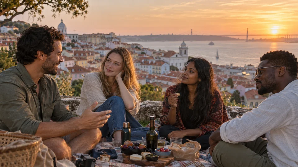 Groupe diversifié profitant du coucher de soleil surplombant les toits colorés de Lisbonne et le fleuve à l'heure dorée.