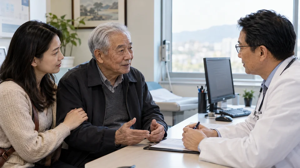 Doctor with stethoscope consulting an elderly patient and companion in a clinic office.