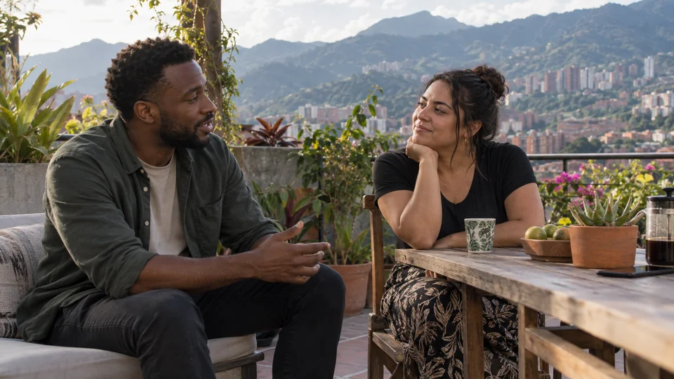 View from a terrace over Medellín, surrounded by green mountains, with two people in conversation.