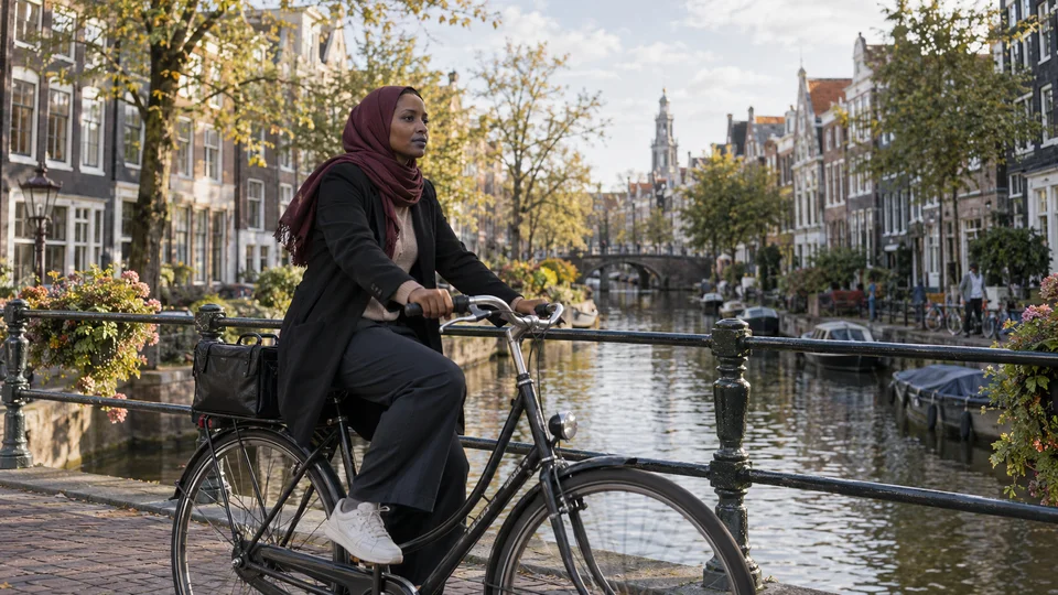 Woman cycling along an Amsterdam canal with gabled houses, a bridge and autumn foliage