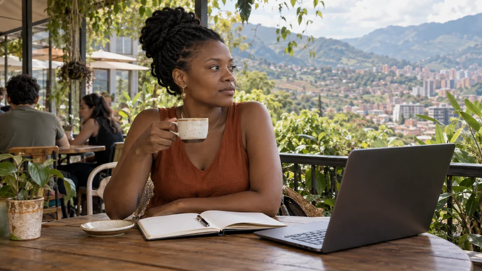 Digital nomad working at a sidewalk café with a view of Medellín and the mountains