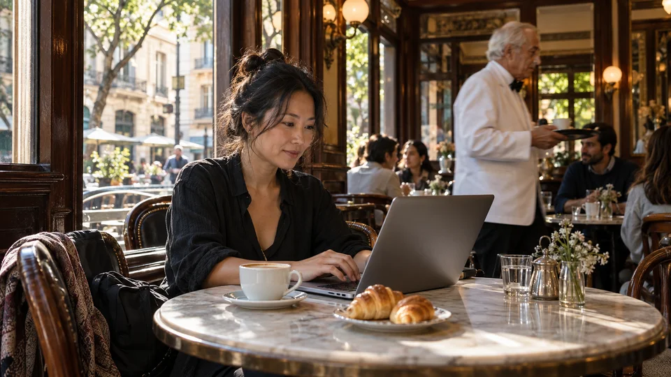 Woman working on a laptop at the terrace of an elegant Parisian café, with passersby and Haussmann-style architecture.