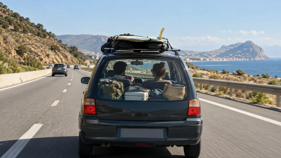 Car driving on a Spanish coastal highway under a clear sky, with mountains and the Mediterranean Sea in the background.