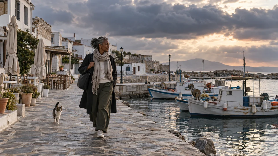 Vrouw wandelt langs de zeedijk van de haven van Heraklion met aangemeerde boten en een fort op de achtergrond.