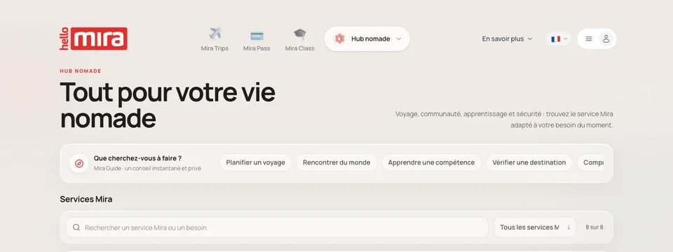 Pagina Hub nomade «Tutto per la vostra vita nomade» con la ricerca per esigenza e l'elenco dei servizi Mira
