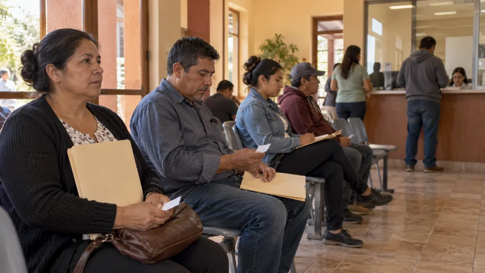Applicants waiting with documents in an administrative office with service counters.