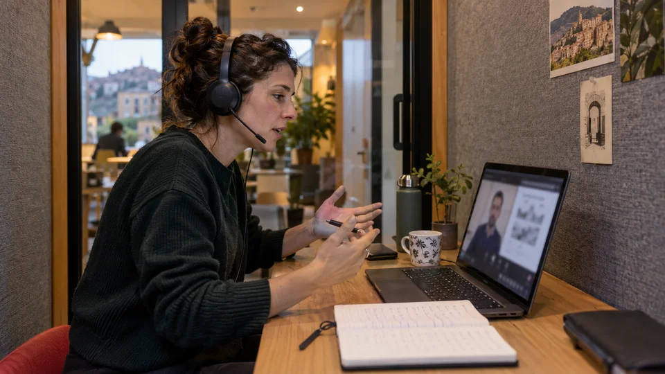 Professional woman on a video call at her laptop in a bright coworking space with a view of the city